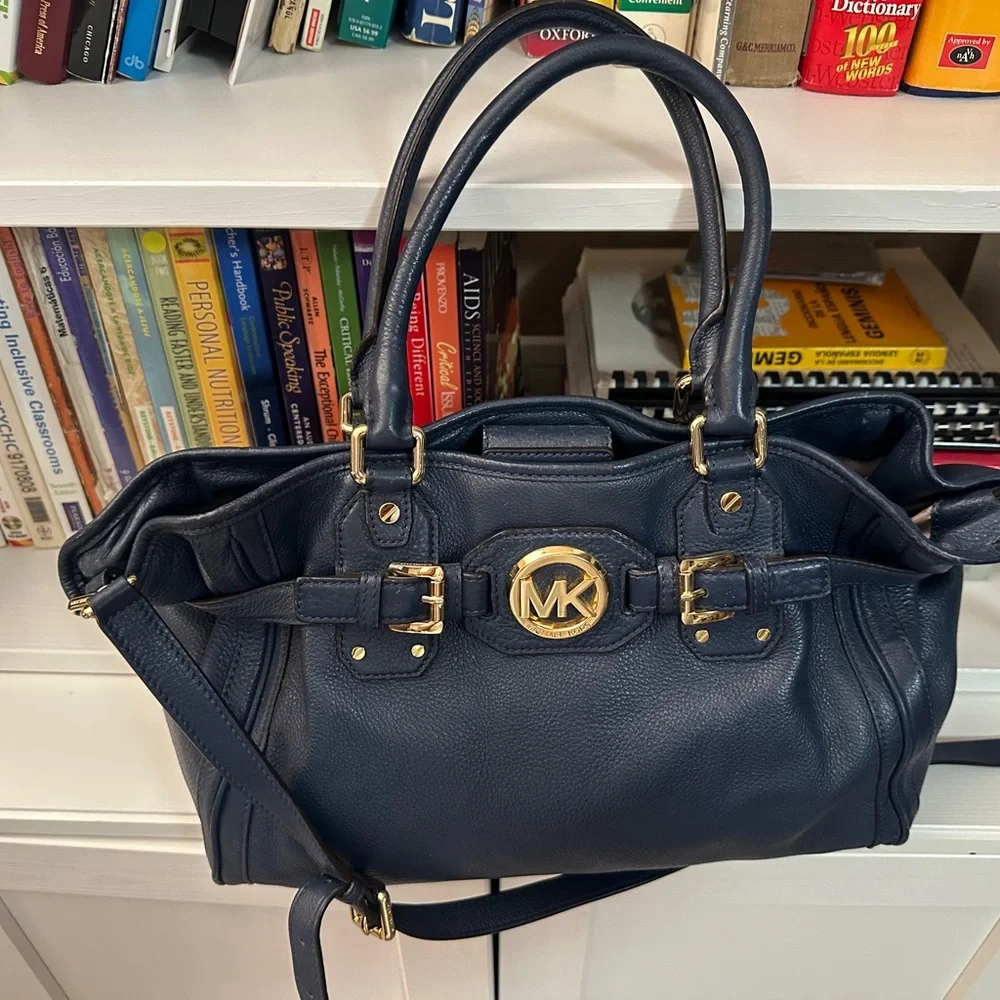Michael Kors Navy Leather Satchel with Gold-Tone MK Emblem